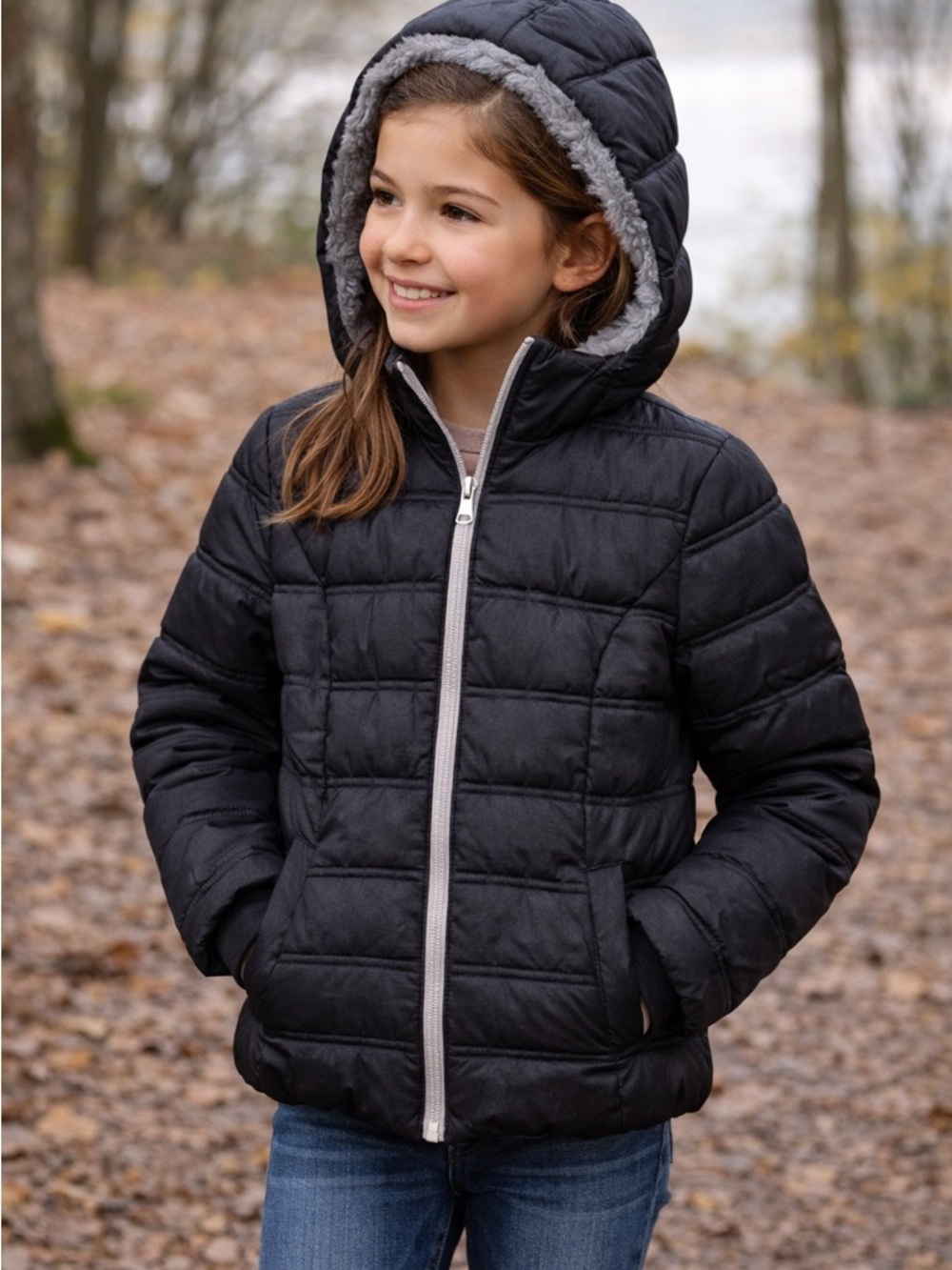 SAGE Girls Puffer Jacket Faux Fur Hood Black Zip Coat Size S 7/8 NWT Winter